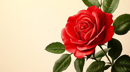 Fototapeta premium A single red rose with green leaves against a soft beige background.
