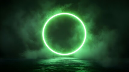 A glowing green circle emerges from the mist, creating a mystical atmosphere of light and shadow over a dark water surface.