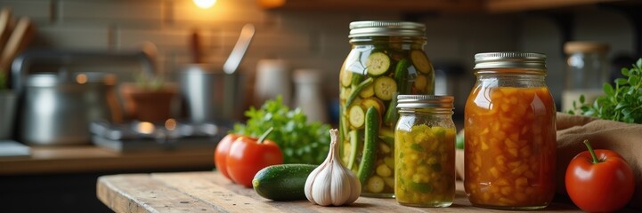 Freshly prepared pickles and sauces displayed in jars, surrounded by vibrant vegetables, showcasing a rustic kitchen feel perfect for food blogs or culinary projects.
