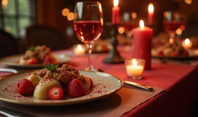 Fototapeta premium A beautifully arranged dinner table featuring gourmet dishes and candles, perfect for romantic occasions, fine dining, or culinary events.