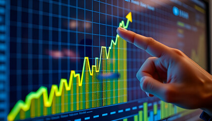 A person's hand pointing at a graph showing an upward trend on a digital display, indicating business growth or financial success