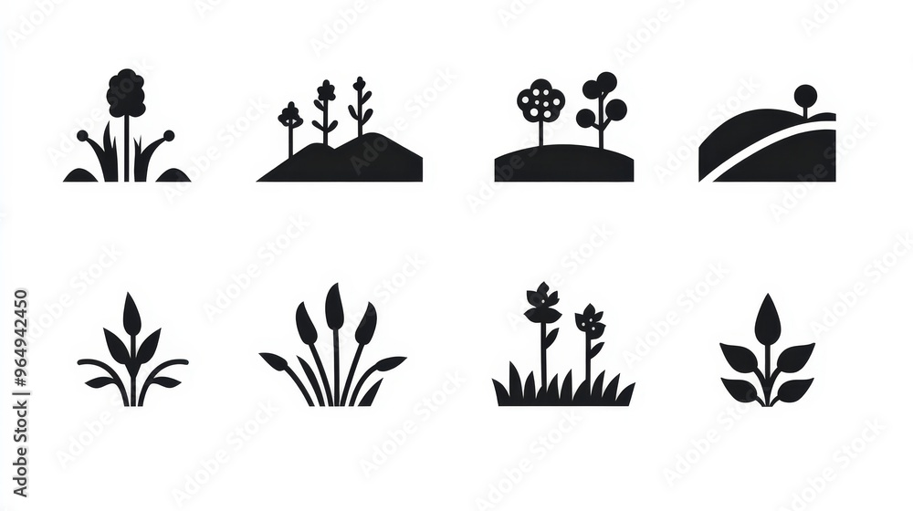 Poster minimalist black vector icon set of grass and landscape features with simple outlines on white backg