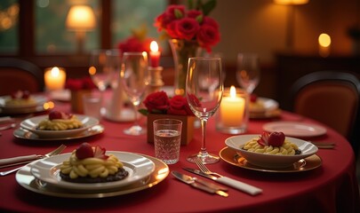 Fototapeta premium Elegant candlelit dining setting featuring gourmet dessert and rose decorations, perfect for romance, fine dining, or event promotions.