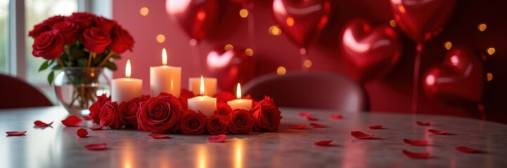 A romantic setting featuring candles, red roses, and heart-shaped balloons, perfect for Valentine's Day, weddings, or intimate celebrations.