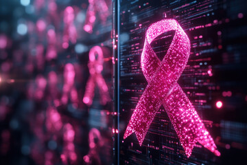 A vibrant digital pink ribbon symbolizes hope and awareness, set against backdrop of glowing data patterns..