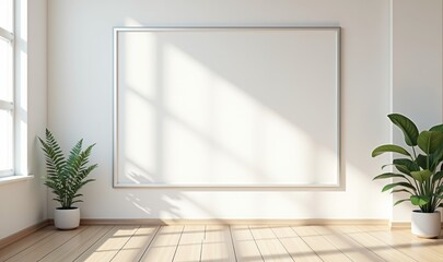 Bright and airy interior featuring a large blank frame with natural light and greenery, ideal for showcasing art or photography in modern decor.