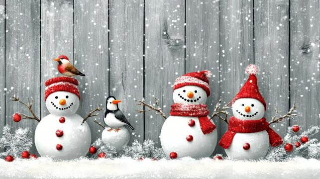 snowmen family with a bird on a hat, snowing in front of a grey wooden wall background, with red and white winter decorations. seamless looping time-lapse virtual 4k video animation background	