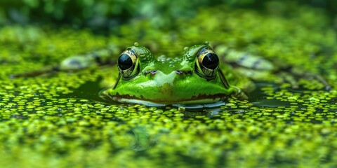 Detailed view of a lively green frog in a pond filled with algae.