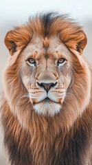Fototapeta premium Frontal view of a majestic lion, its piercing eyes reflecting strength, minimalist background with soft pastel hues, digital art style showcasing clean lines and subtle shadows