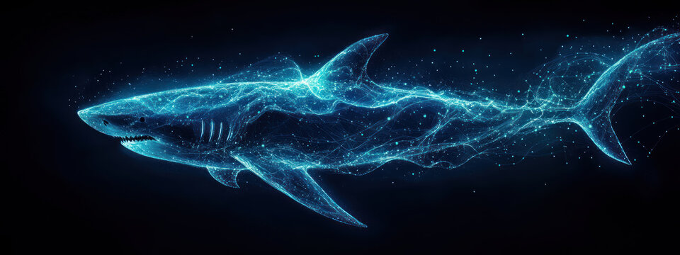 A modern illustration of shark swimming through digital ocean, showcasing vibrant blue light and energy. design captures essence of movement and fluidity..