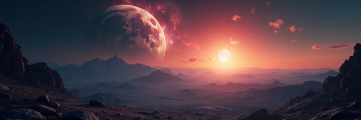 A breathtaking cosmic landscape featuring a distant planet and a vibrant sunset, perfect for science fiction, fantasy, or space exploration themes.