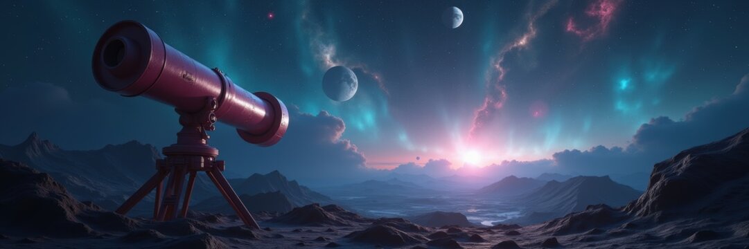 A stunning cosmic landscape featuring a telescope against a backdrop of vibrant celestial phenomena, perfect for astronomy enthusiasts and educational materials.