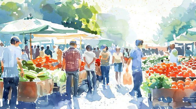 Watercolor painting of a bustling farmers market scene with people browsing produce.