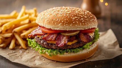 Irresistible Bacon King Burger and Full Fries with Raw Camera Noise for Realistic Effect