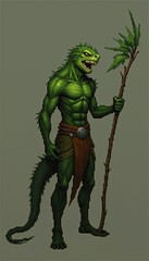 A fierce green humanoid lizard warrior, wielding a staff, perfect for fantasy artwork, gaming, and comic book illustrations.