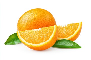 Orange fruit with orange slices and leaves isolated on white background. Orange with clipping path , ai