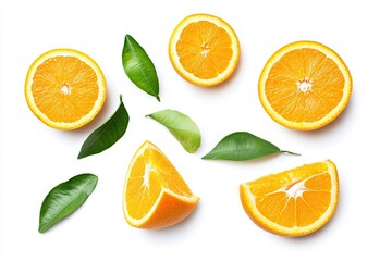 Fototapeta premium Orange fruit with orange slices and leaves isolated on white background. Orange with clipping path , ai