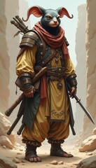 A fantasy warrior character with a rabbit head, dressed in ornate armor and wielding weapons, set against a dramatic landscape. Perfect for gaming, storytelling, and animation projects.