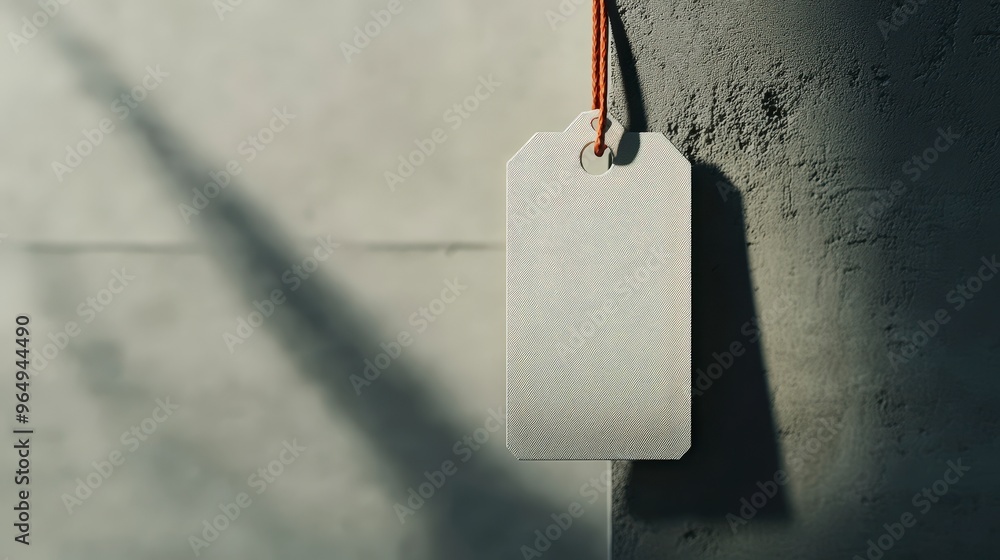 Poster illuminated white tag hanging on orange string with concrete wall in hyper-realistic style