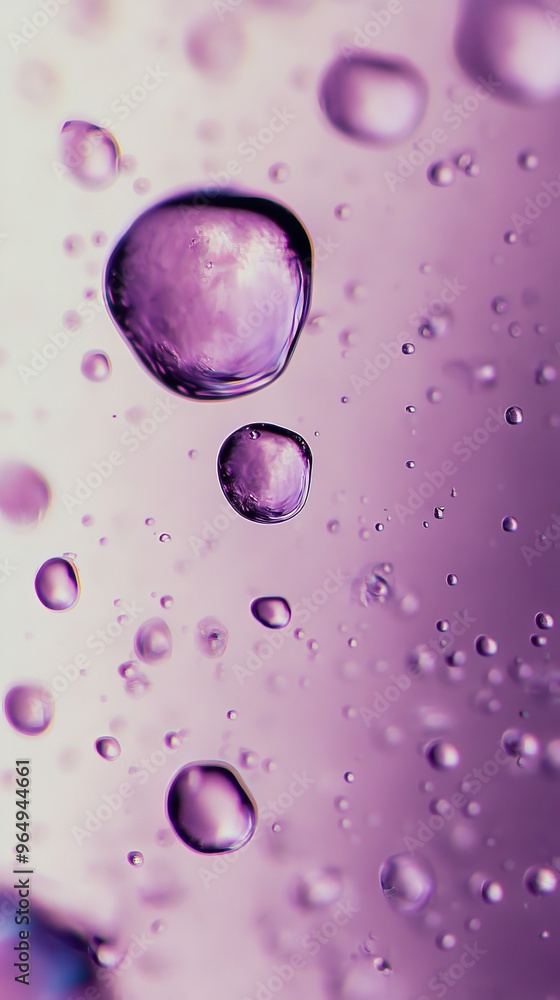 Poster close-up of water droplets on purple background, abstract macro shot. fluid dynamics and texture con