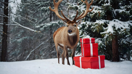 Obraz premium New Year's Celebration: A gift box in the snow and a Christmas reindeer in the Winter Forest under the Christmas tree generative ai