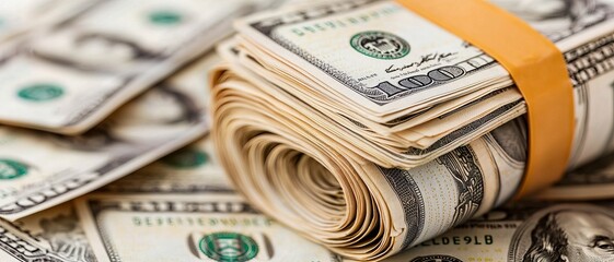A close-up of a rolled bundle of money with cash scattered, symbolizing wealth and finance.