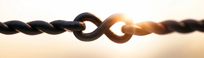 Obraz premium A close-up of a twisted metal chain forming an infinity symbol against a warm, glowing background, symbolizing endless connection.