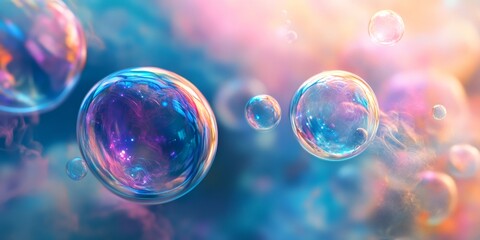 Holographic iridescent soap bubbles with a soft, dreamy background.
