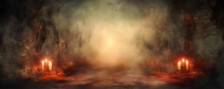 Burning magic candles in forest for witch ritual or celebrating pagan holiday. Mysterious fairy scene. Samhain sabbat, Mabon, Halloween, All hallows eve. Witchcraft, esoteric spiritual practice