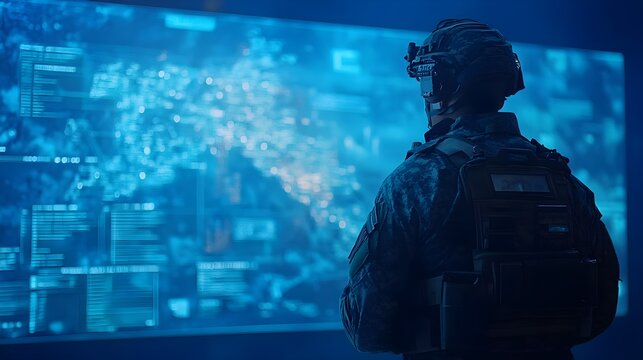 A soldier observes a digital map in a high-tech command center, highlighting advanced military technology and strategy.