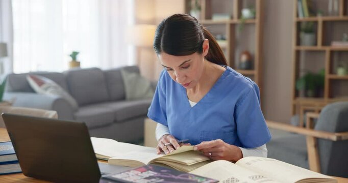 Woman doctor, reading and books in practice for healthcare, writing and research for diagnosis. Professional, laptop and textbooks at table for consultation preparation with medical references
