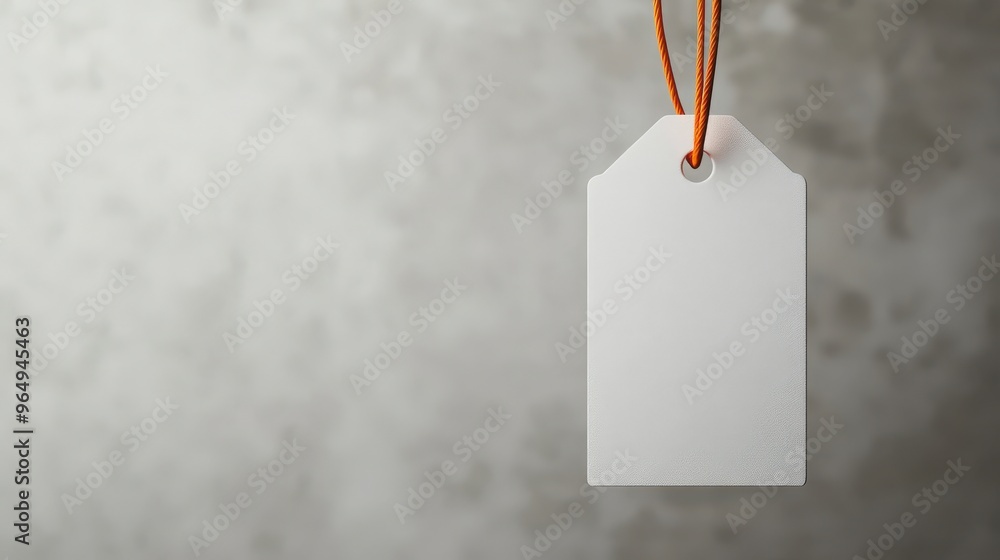 Poster high detail close-up of white rectangular tag with orange string on white background and concrete wa