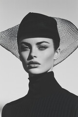 Fashion magazine concept. Portrait of beautiful female model wearing designer clothing, hat and looking at camera on gray background. Haute couture style. Retro, vintage. Monochrome outdoor shot