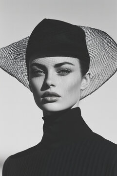 Fashion magazine concept. Portrait of beautiful female model wearing designer clothing, hat and looking at camera on gray background. Haute couture style. Retro, vintage. Monochrome outdoor shot