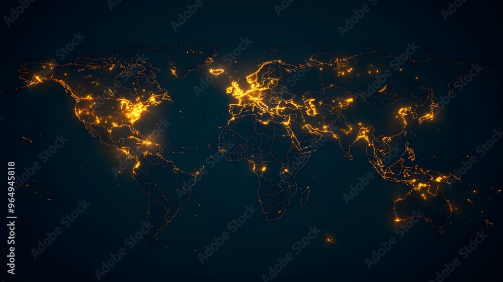 Poster a stunning illuminated world map showcasing urban density and connectivity through vibrant light pat