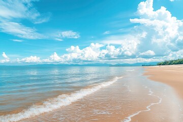 Landscape beautiful summer panorama wide horizon look viewpoint shore open sea beach cloud clean and blue sky background calm nature ocean wave water nobody travel at thailand chonburi sun day, ai