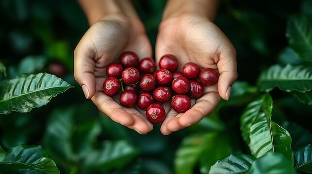 Gr&atilde;os de caf&eacute; nas m&atilde;os, uma colheita de caf&eacute; com fartura