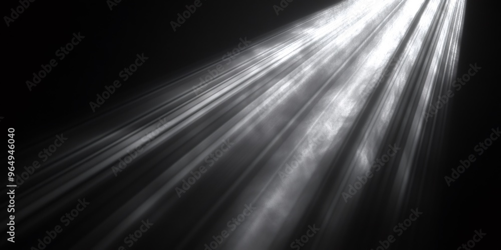 Poster white light beam shines through dark, creating textured lines and streaks.