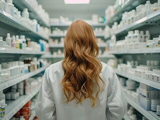pharmacist examining shelves of medical products