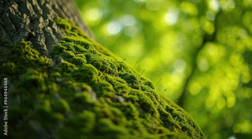 Sticker Lush green moss on a tree trunk in a forest