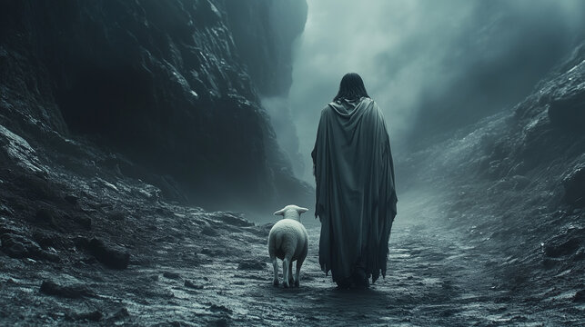Jesus and a lamb at the entrance to the valley of the shadow of death
