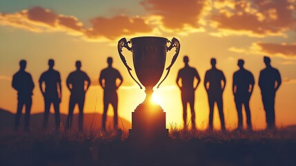 A triumphant trophy stands against a vibrant sunset, symbolizing achievement and victory with shadowed figures in the background.