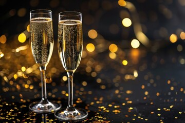 Champagne glasses with sparkling wine and golden bokeh lights