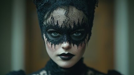 dark and mysterious woman with black veil and makeup