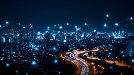 Fototapeta premium A vibrant cityscape at night showcasing interconnected lights and dynamic traffic, symbolizing urban connectivity and technology.