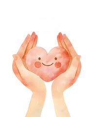 手とハートの水彩イラスト