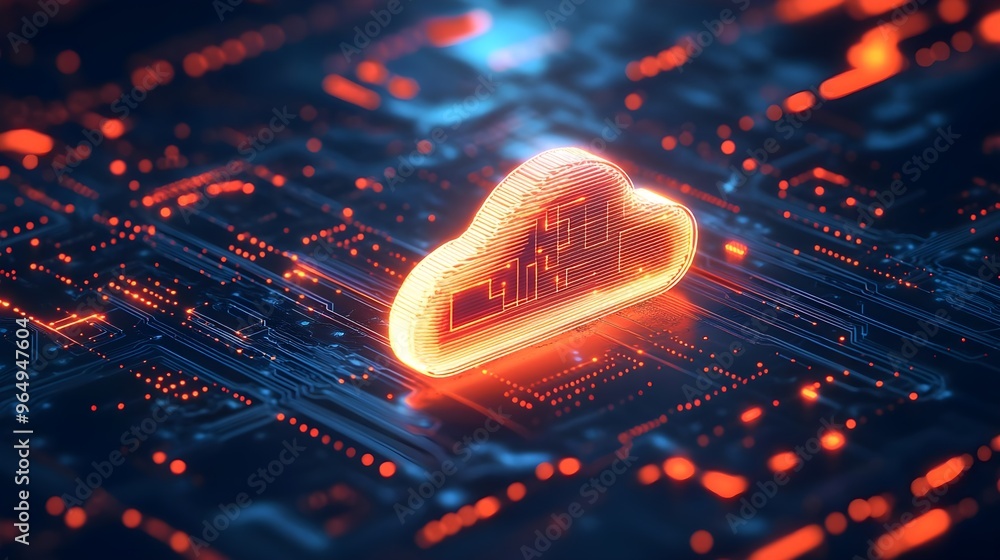Poster a vibrant digital cloud icon illuminated against a circuit board background, symbolizing modern tech