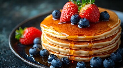 A stack of golden brown pancakes topped with fresh blueberries and strawberries, drizzled with maple syrup on a black plate.