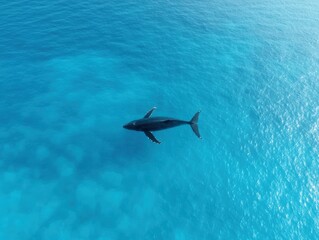 Fototapeta premium Aerial view of a shark swimming in the deep blue ocean