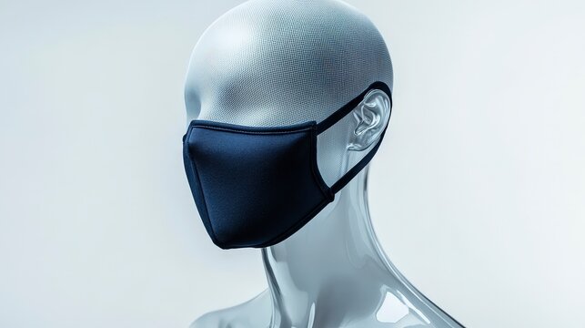 Stylish Navy Blue Fabric Face Mask on Transparent Mannequin in White Studio Setting - Close-Up Textured Design Shot with Lyca Camera